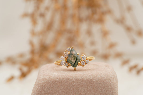 Kite Cut Moss Agate Cluster Diamond Engagement Ring