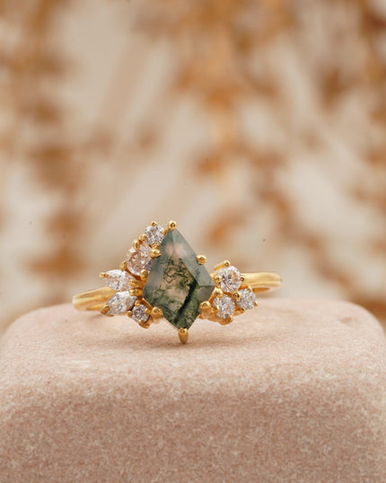 Kite Cut Moss Agate Cluster Diamond Engagement Ring Right Position