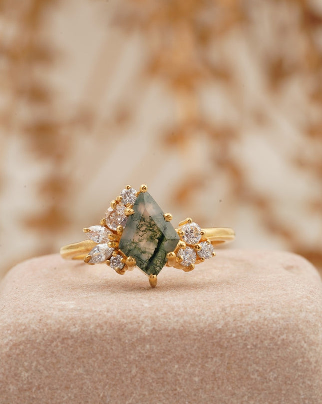 Kite Cut Moss Agate Cluster Diamond Engagement Ring Right Position
