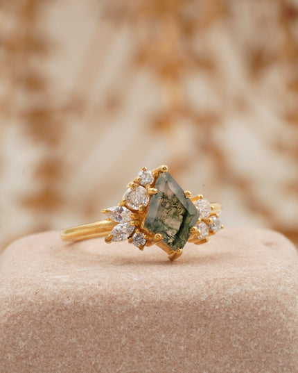 Kite Cut Moss Agate Cluster Diamond Engagement Ring Side Position