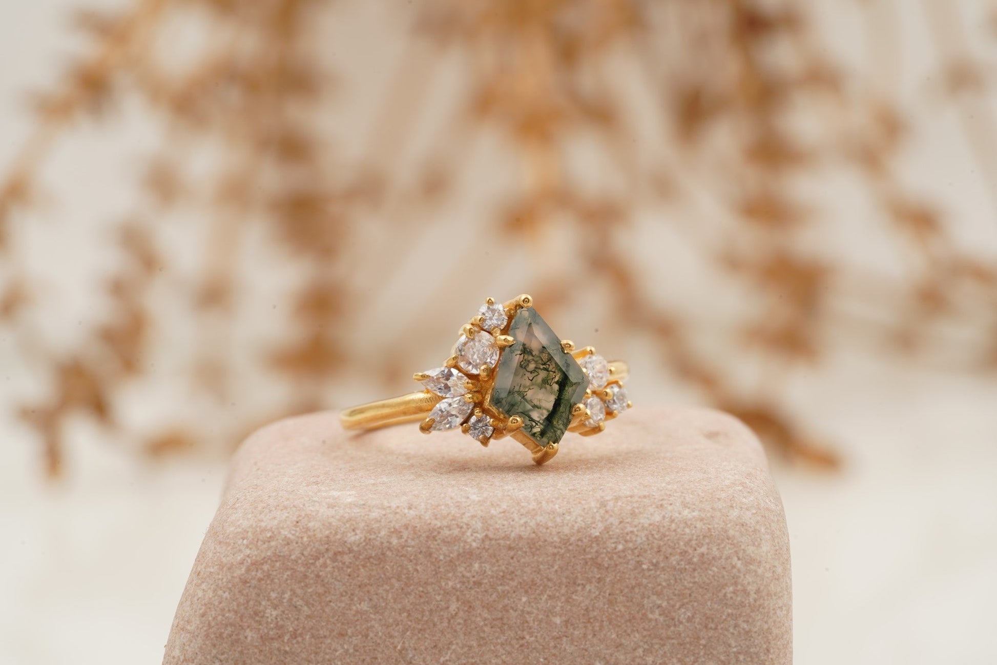 Kite Cut Moss Agate Cluster Diamond Engagement Ring Side Position