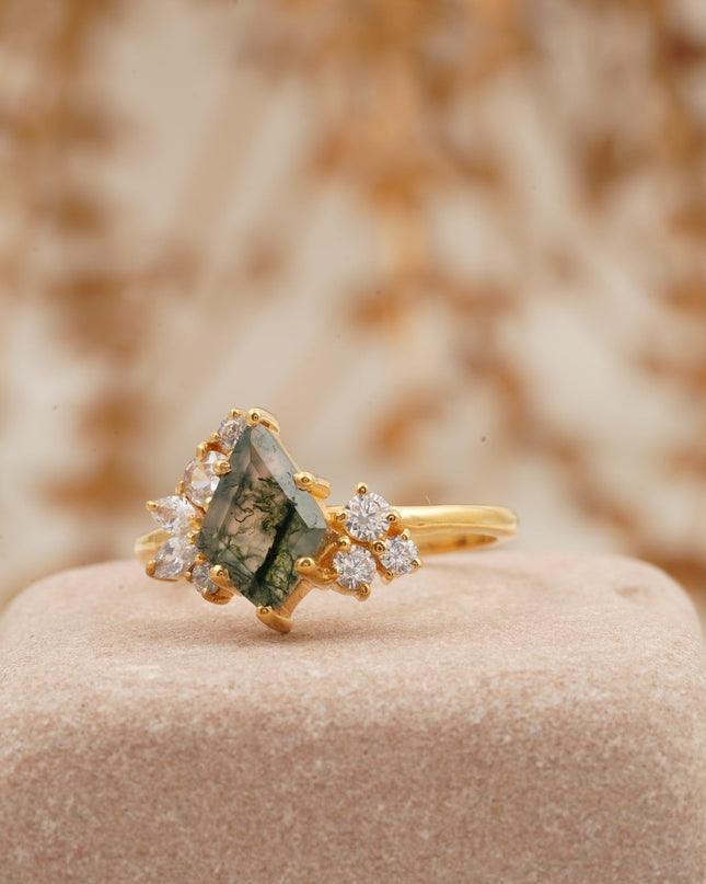 Kite Cut Moss Agate Cluster Diamond Engagement Ring Left Position