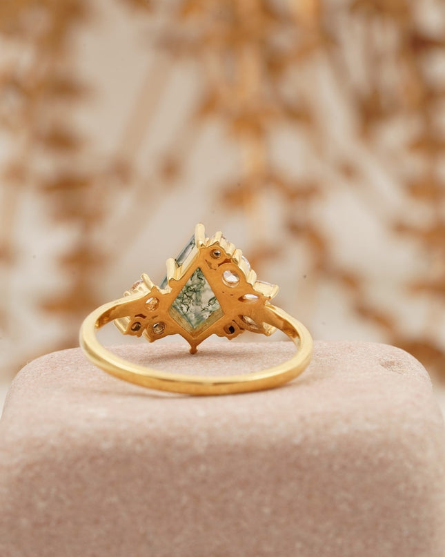 Kite Cut Moss Agate Cluster Diamond Engagement Ring Back Side