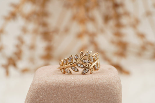 Leaf Diamond Stacking Gold Wedding Band Right Position