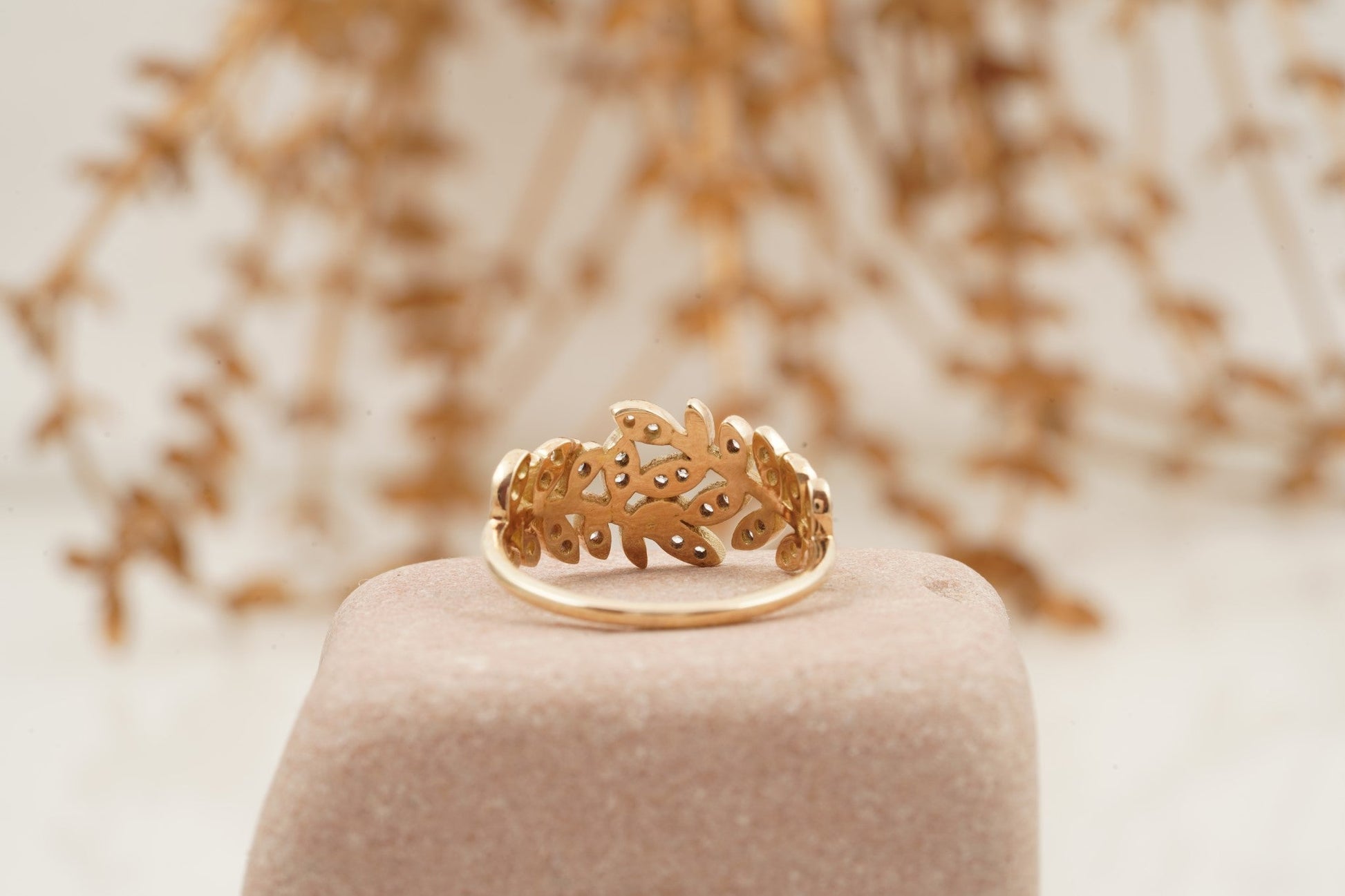 Leaf Diamond Stacking Gold Wedding Band Back SIde