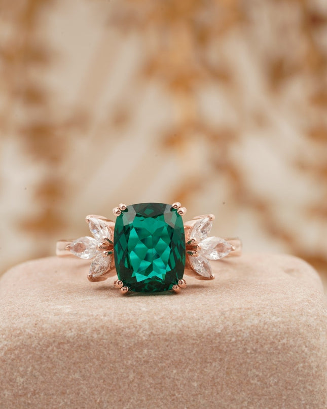 Green Emerald Marquise Diamond Cluster Engagement Ring