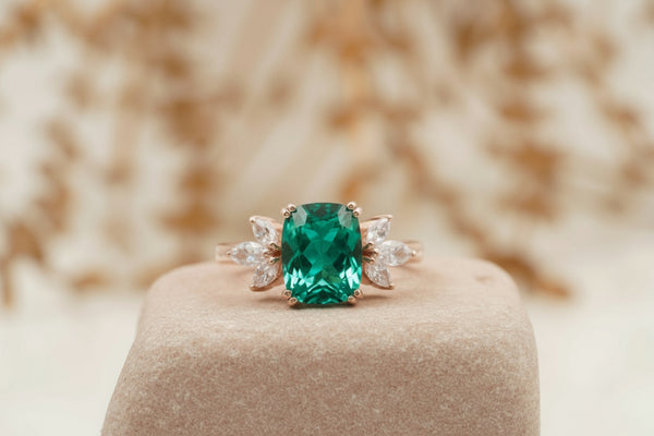 Green Emerald Marquise Diamond Cluster Engagement Ring