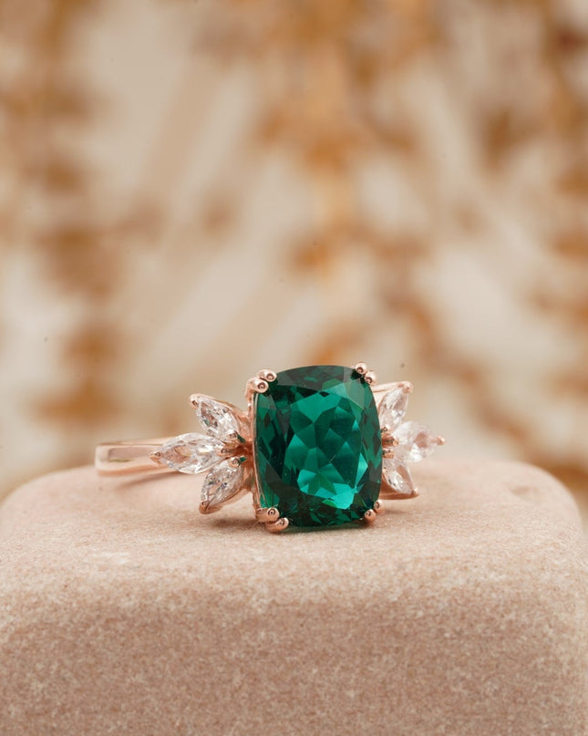 Green Emerald Marquise Diamond Cluster Engagement Ring Right Side Pose