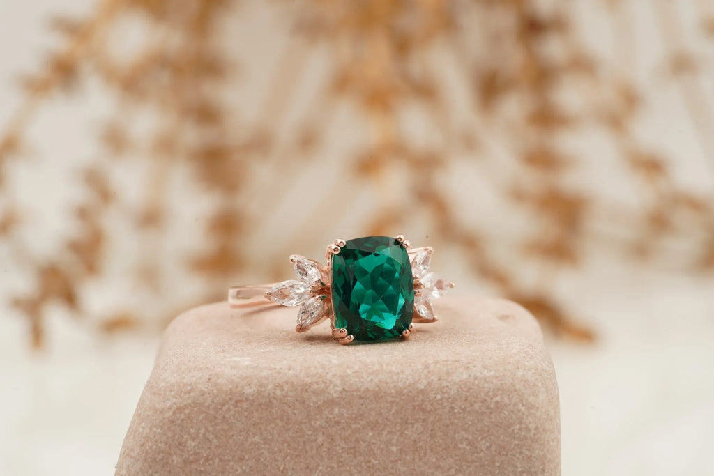 Green Emerald Marquise Diamond Cluster Engagement Ring - Gigiscc