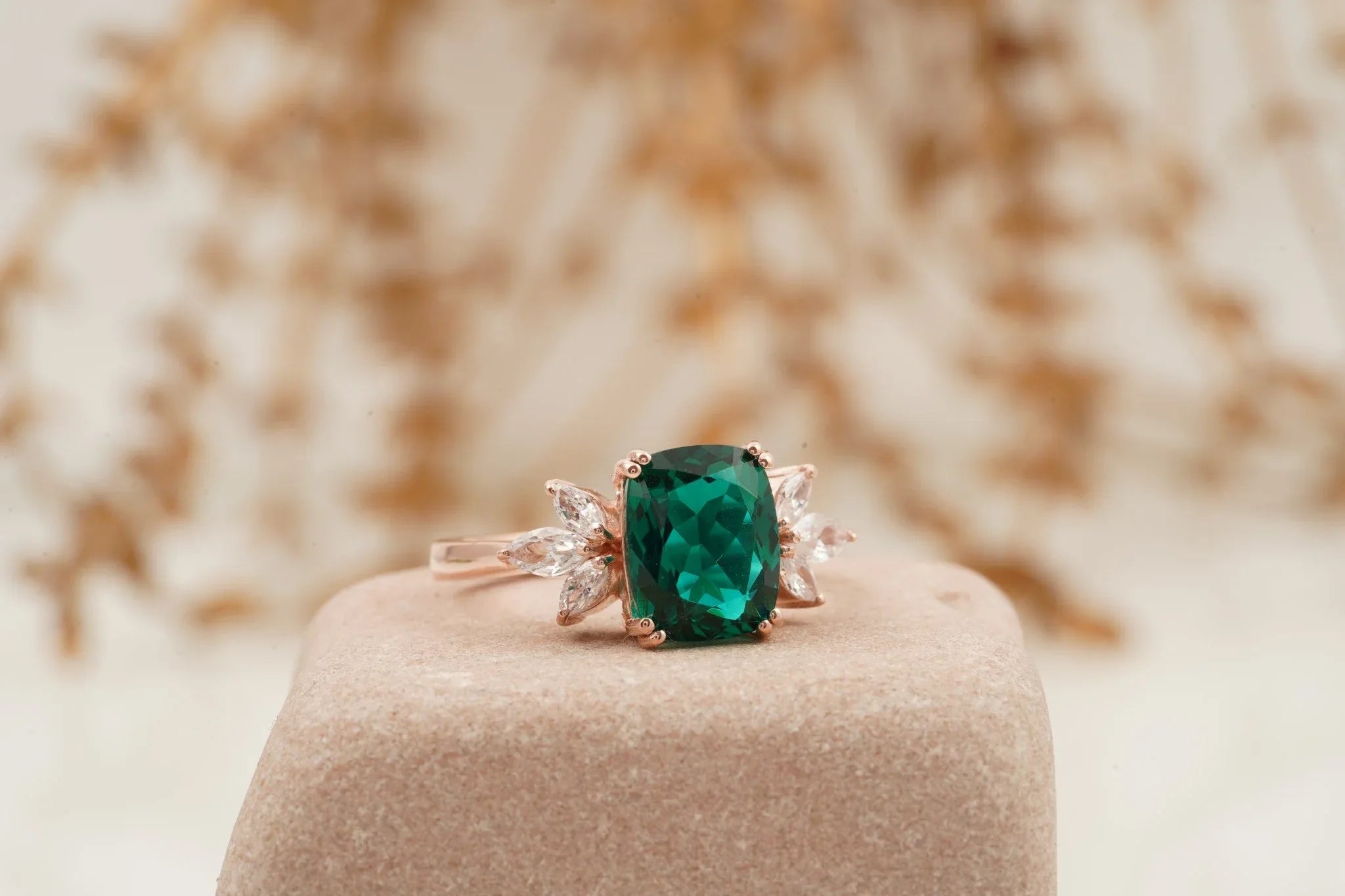 Green Emerald Marquise Diamond Cluster Engagement Ring - Gigiscc
