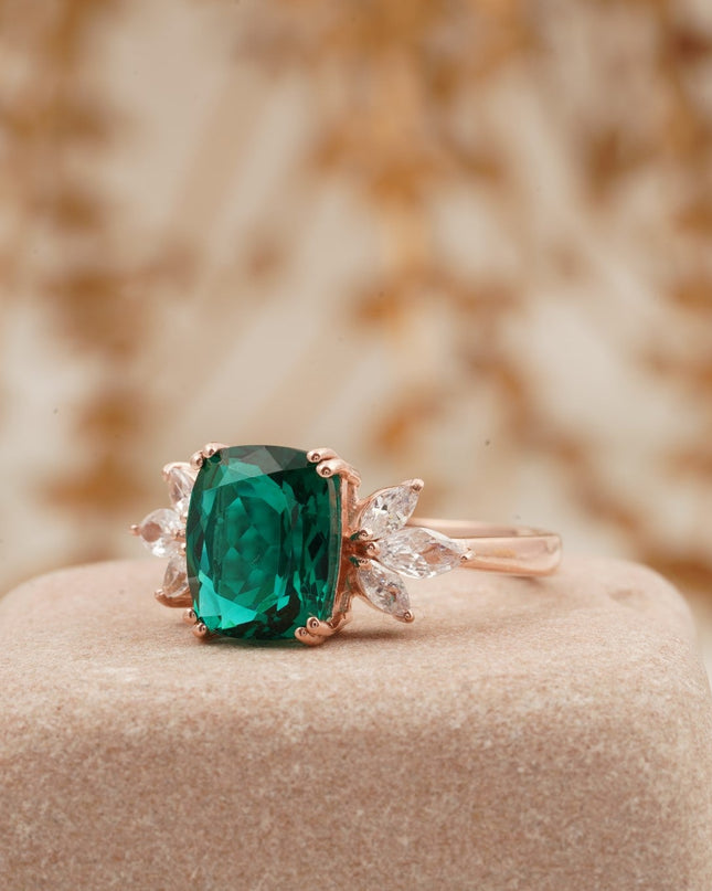 Green Emerald Marquise Diamond Cluster Engagement Ring Left SIde Pose