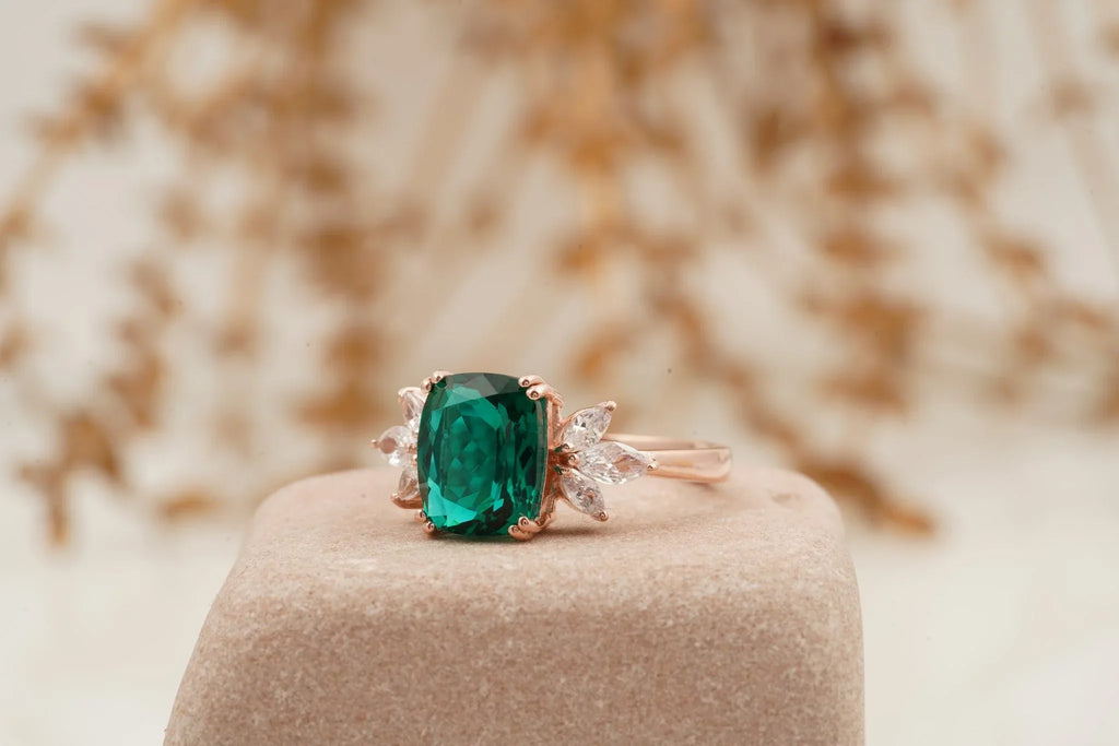 Green Emerald Marquise Diamond Cluster Engagement Ring - Gigiscc