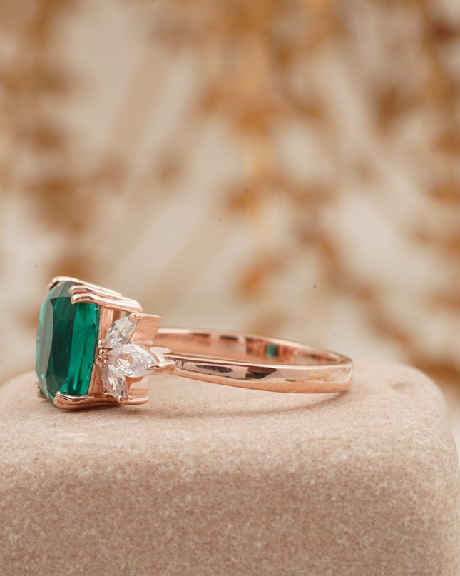 Green Emerald Marquise Diamond Cluster Engagement Ring SIde Pose