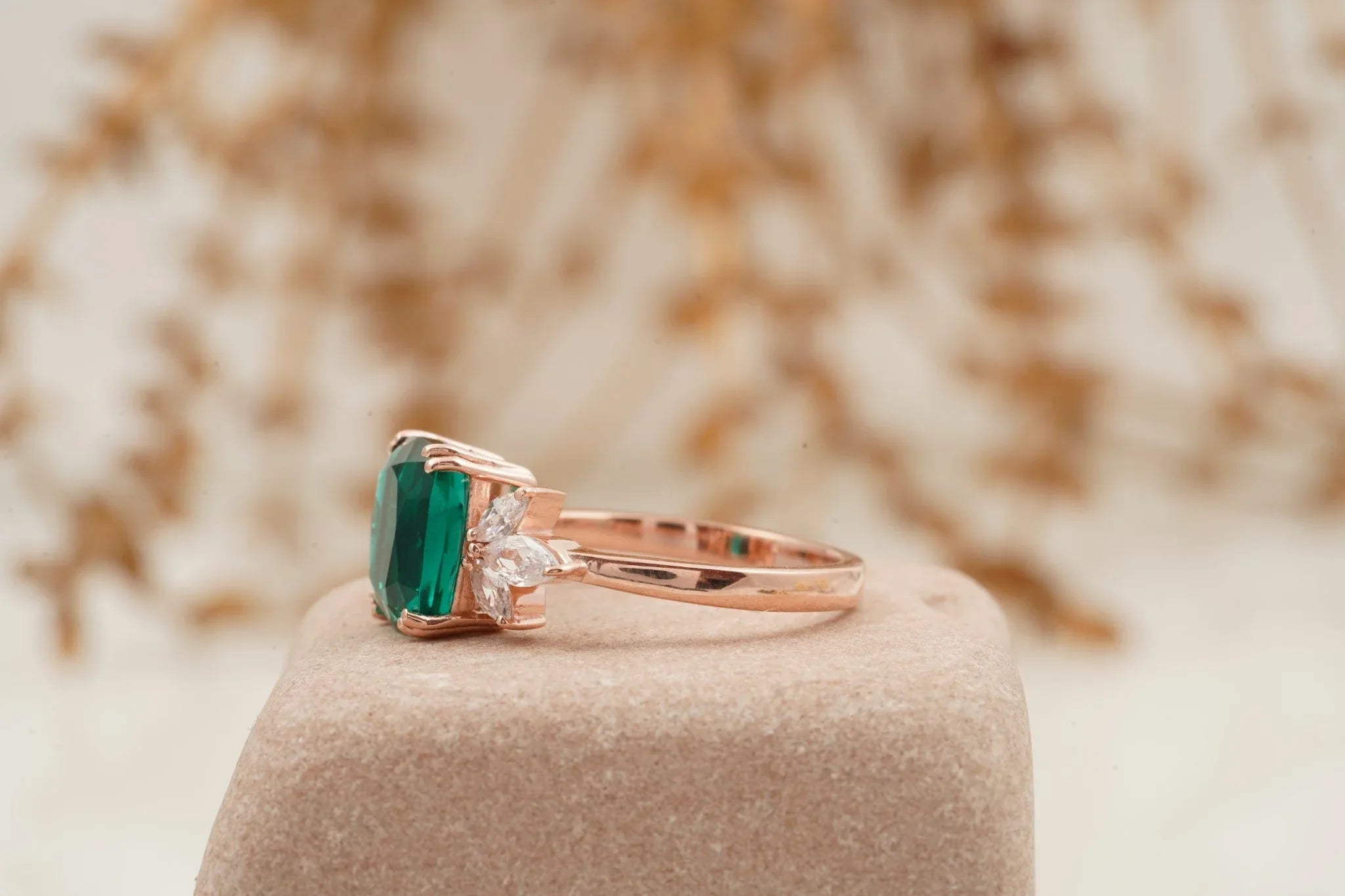 Green Emerald Marquise Diamond Cluster Engagement Ring - Gigiscc
