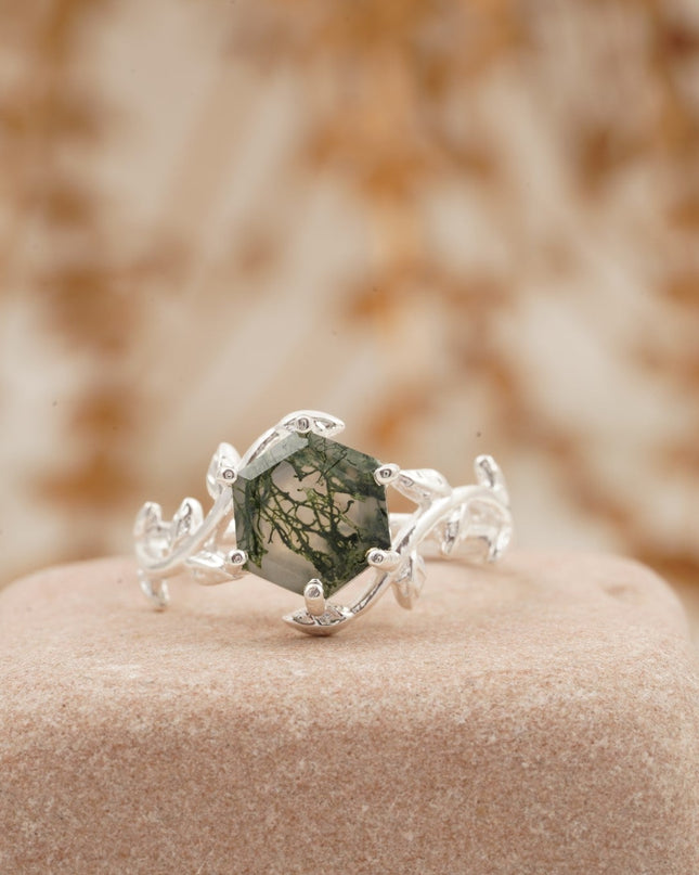 Moss Agate Leaf Hexagon Engagement Ring