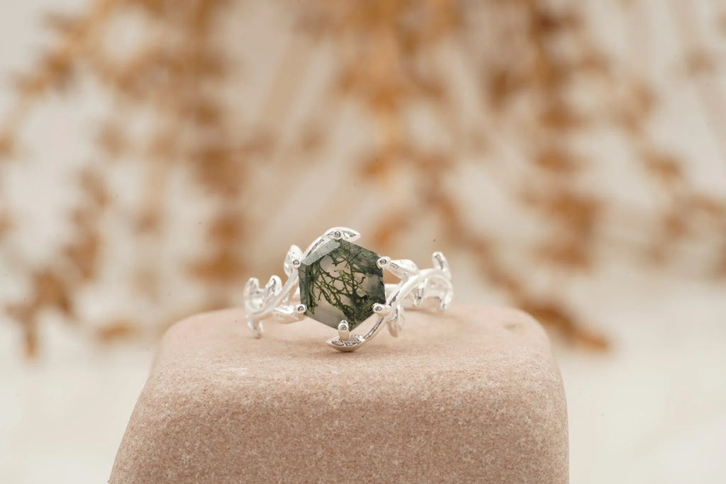 Moss Agate Leaf Hexagon Engagement Ring - Gigiscc