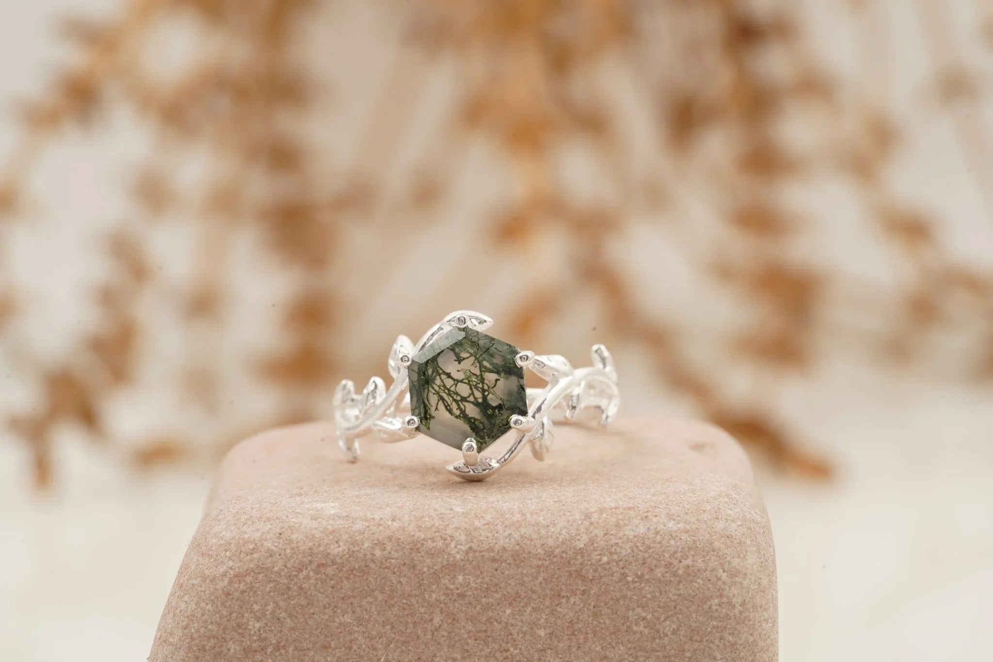 Moss Agate Leaf Hexagon Engagement Ring - Gigiscc