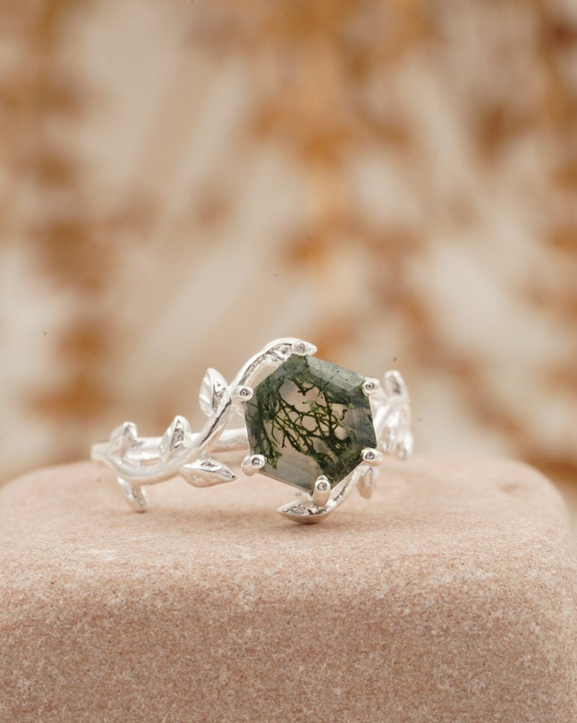 Moss Agate Leaf Hexagon Engagement Ring Right Position