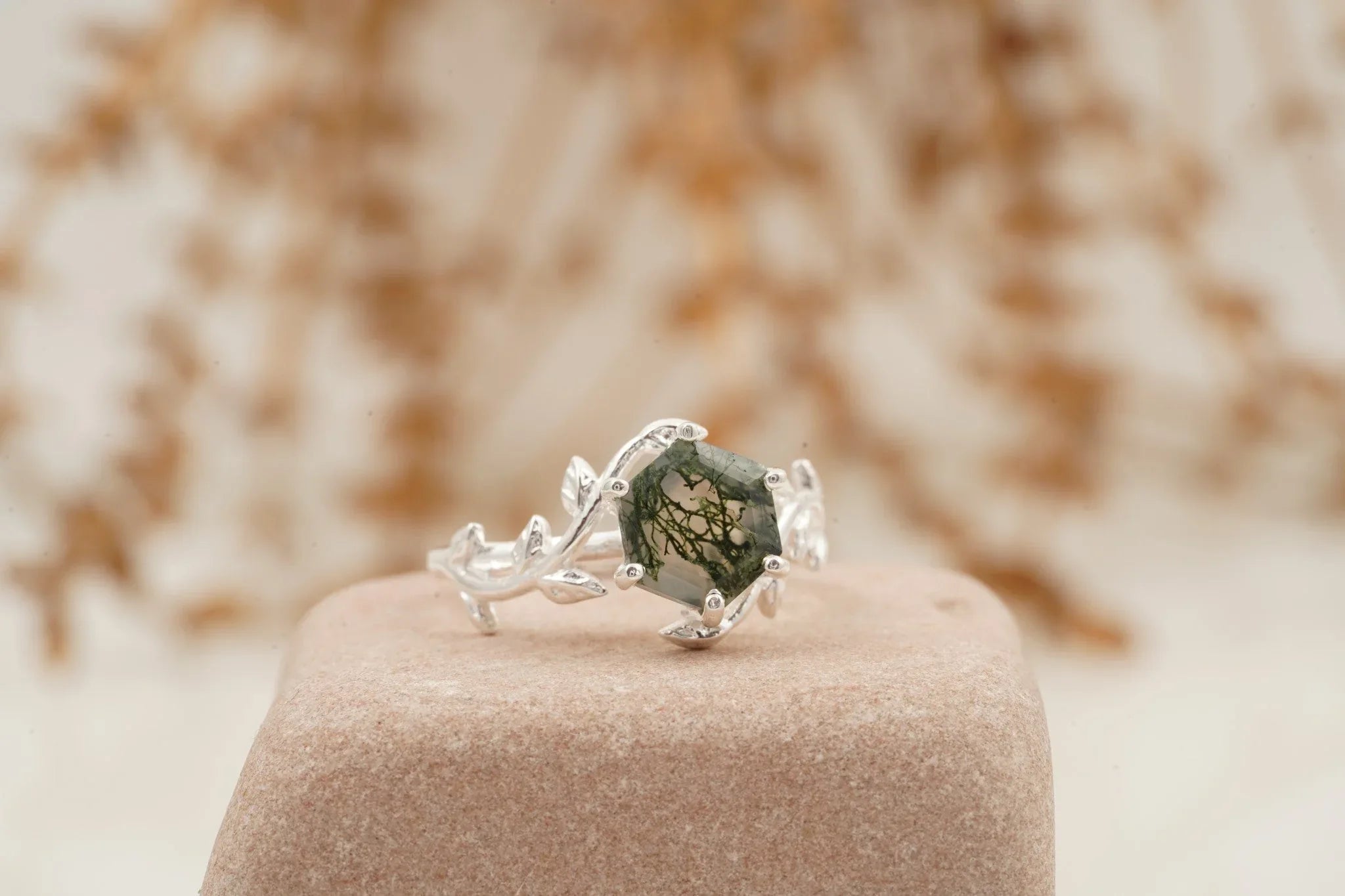 Moss Agate Leaf Hexagon Engagement Ring - Gigiscc