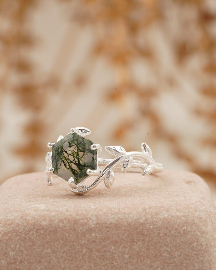 Moss Agate Leaf Hexagon Engagement Ring Right Position