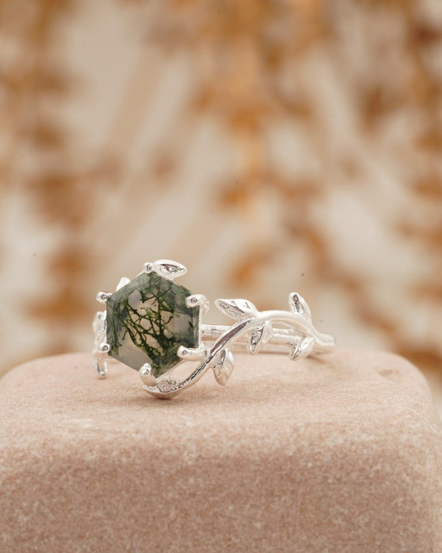 Moss Agate Leaf Hexagon Engagement Ring Right Position