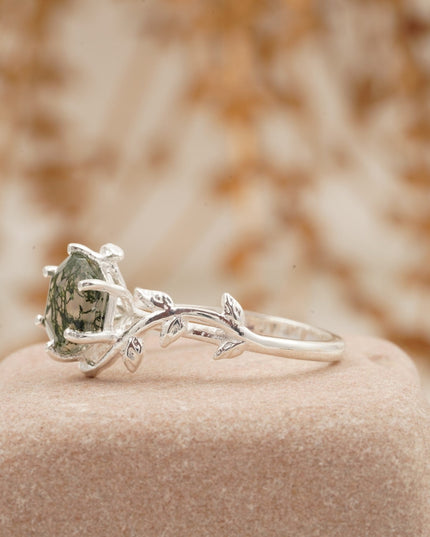Moss Agate Leaf Hexagon Engagement Ring Round