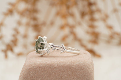 Moss Agate Leaf Hexagon Engagement Ring Round