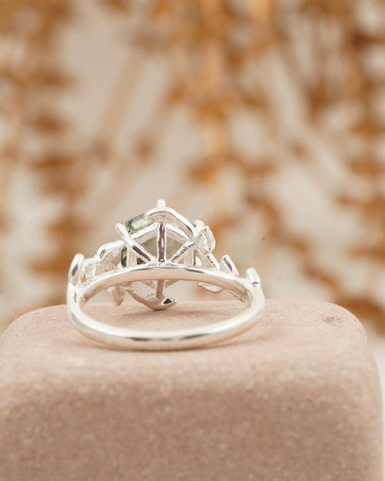 Moss Agate Leaf Hexagon Engagement Ring Back SIde