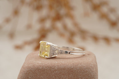 Yellow Moissanite Asscher Cut Engagement Ring Round