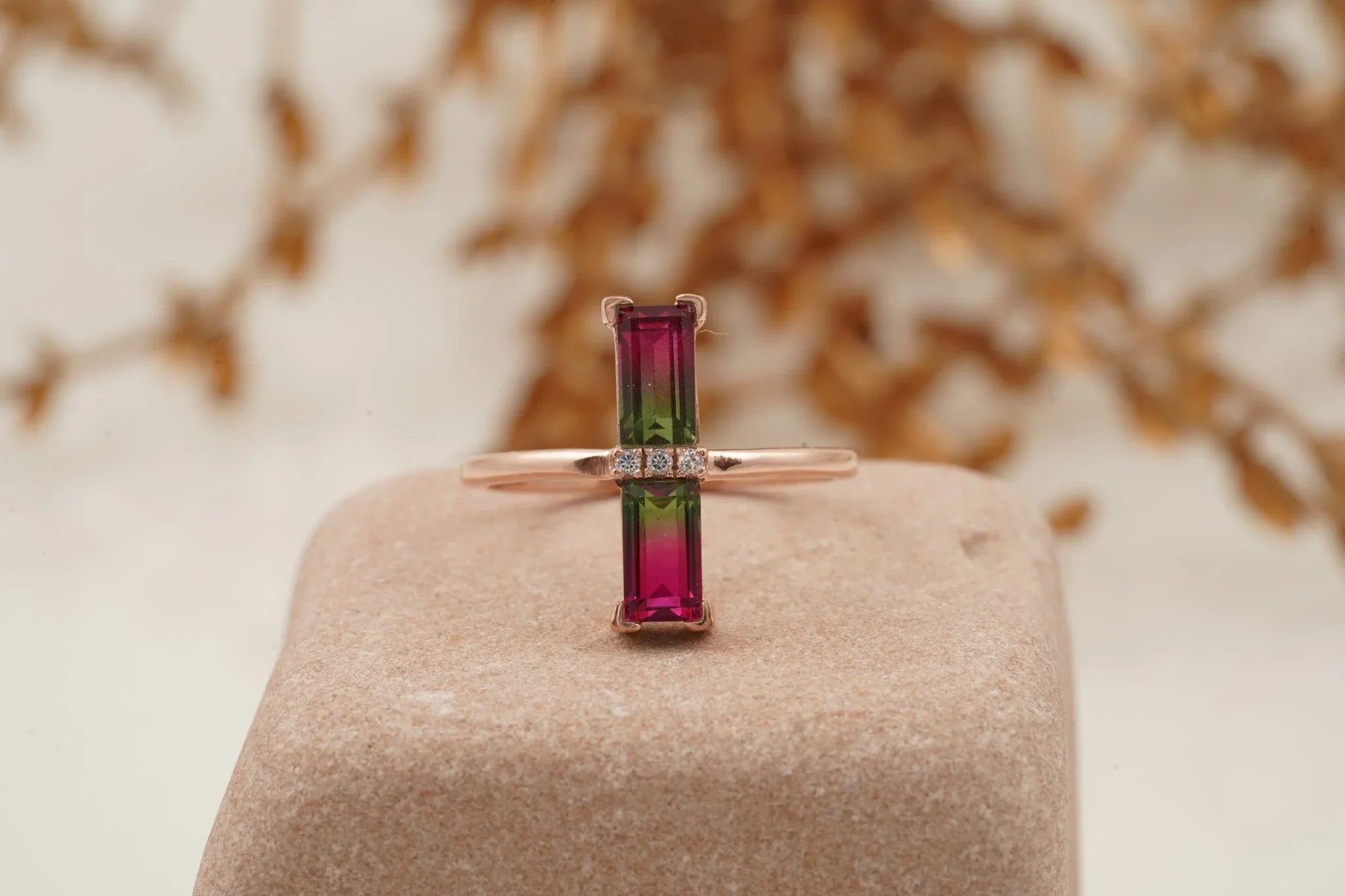 Baguette Cut Watermelon Tourmaline Bicolor Engagement Ring - Gigiscc