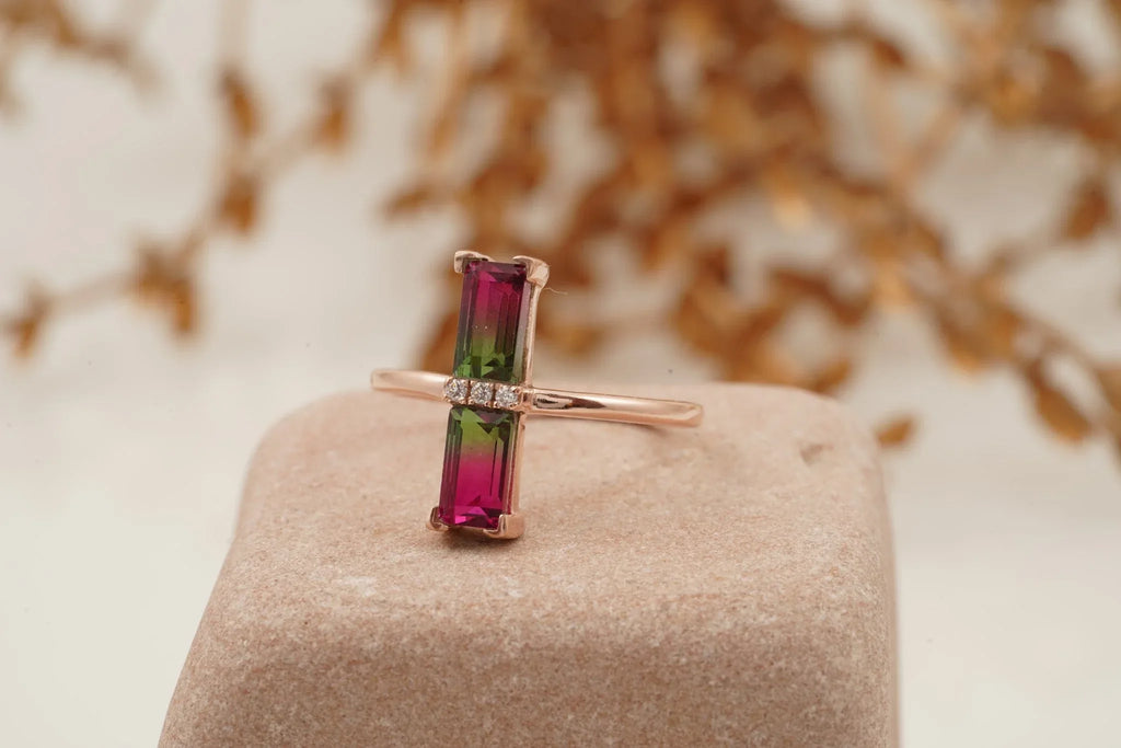 Baguette Cut Watermelon Tourmaline Bicolor Engagement Ring - Gigiscc