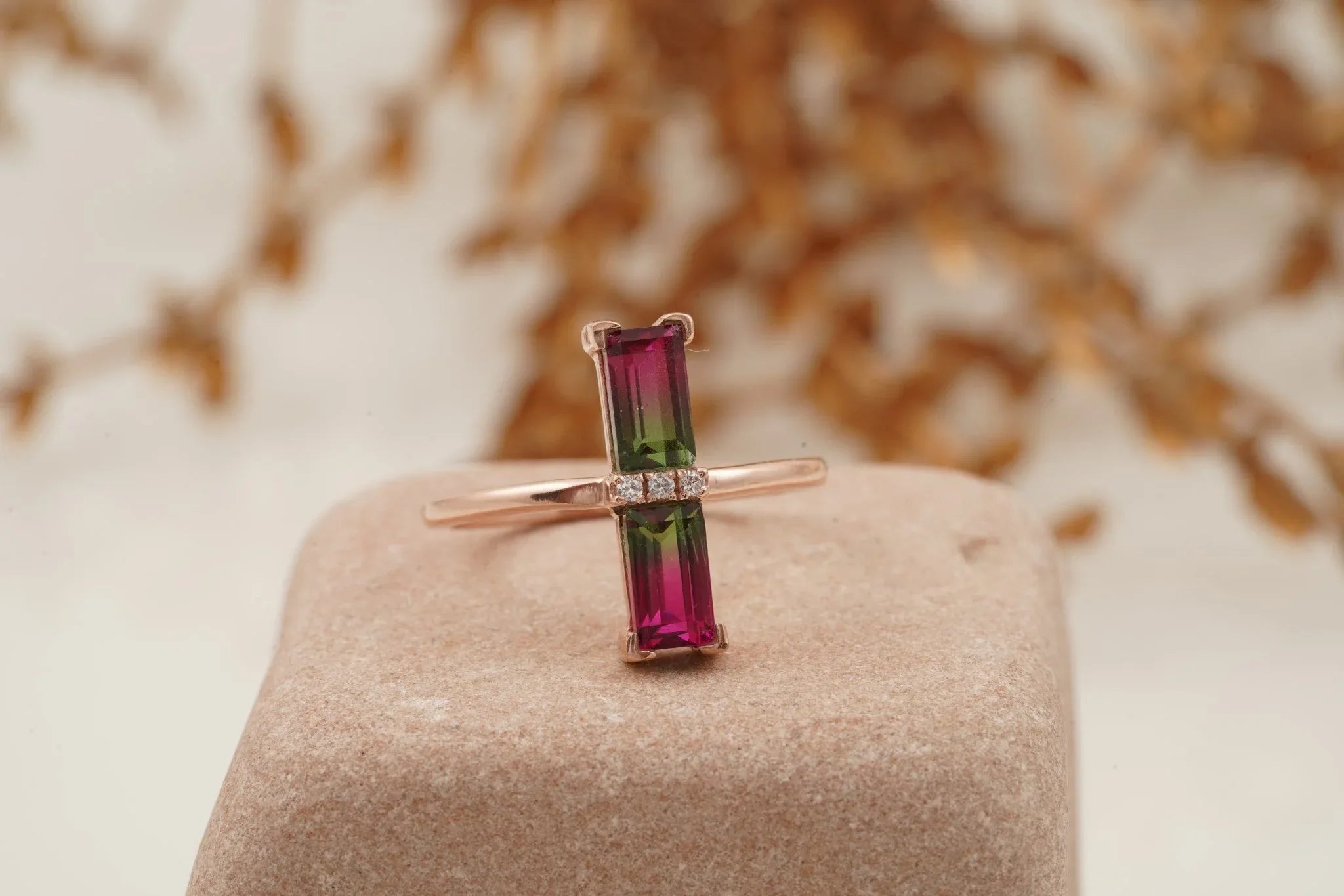Baguette Cut Watermelon Tourmaline Bicolor Engagement Ring - Gigiscc