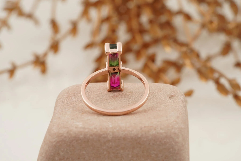 Baguette Cut Watermelon Tourmaline Bicolor Engagement Ring - Gigiscc