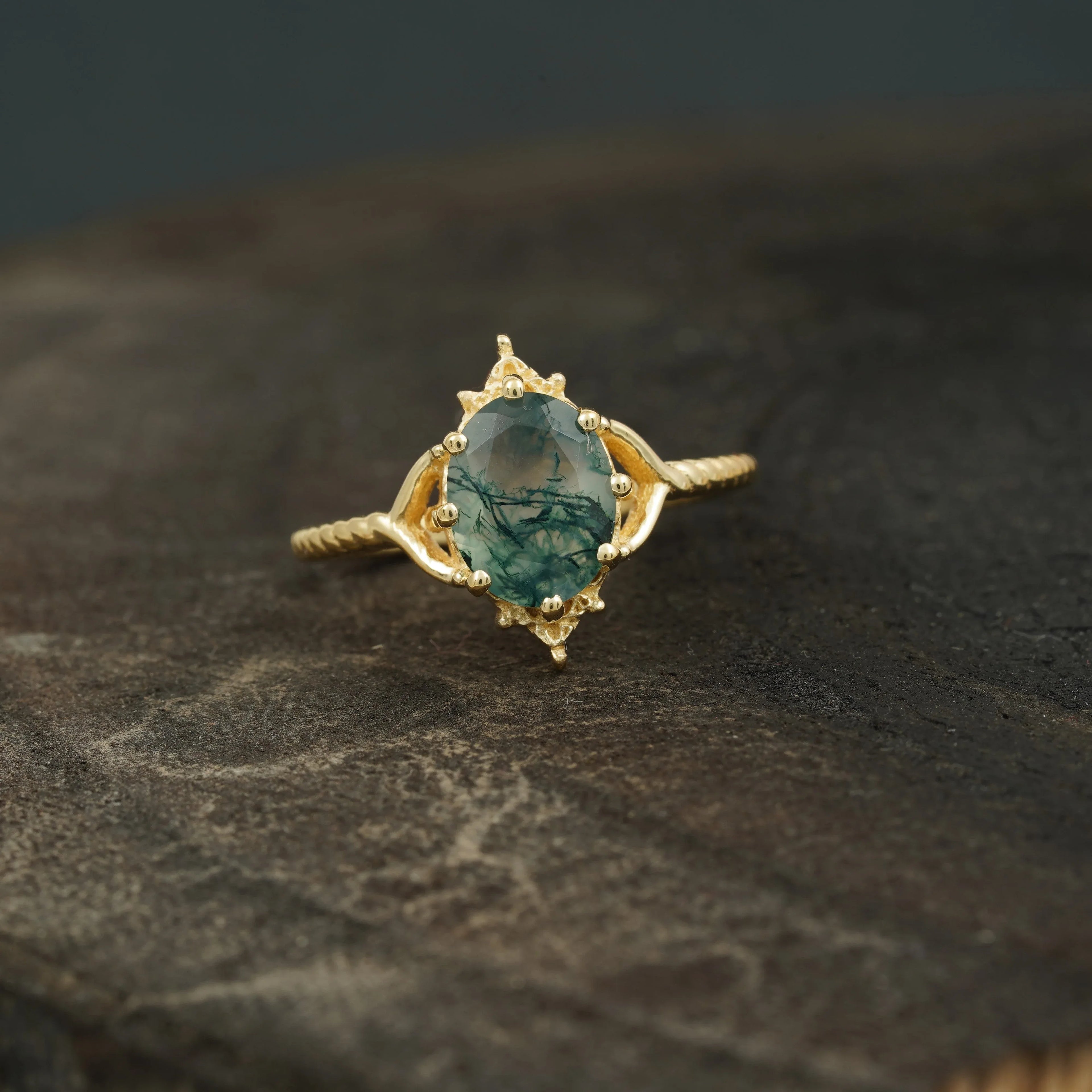 Vintage Oval Moss Agate 14k Gold Engagement Ring - Gigiscc