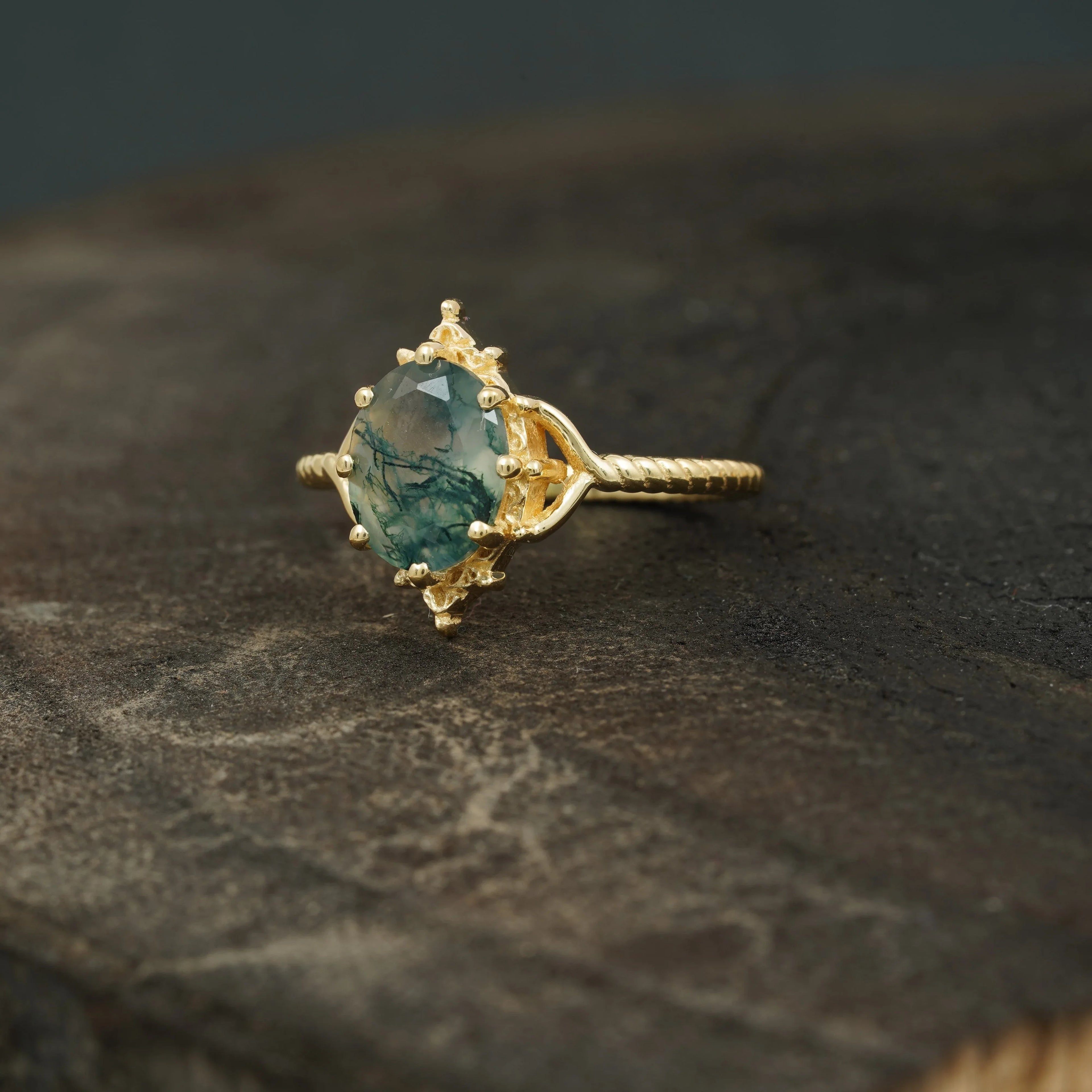 Vintage Oval Moss Agate 14k Gold Engagement Ring - Gigiscc