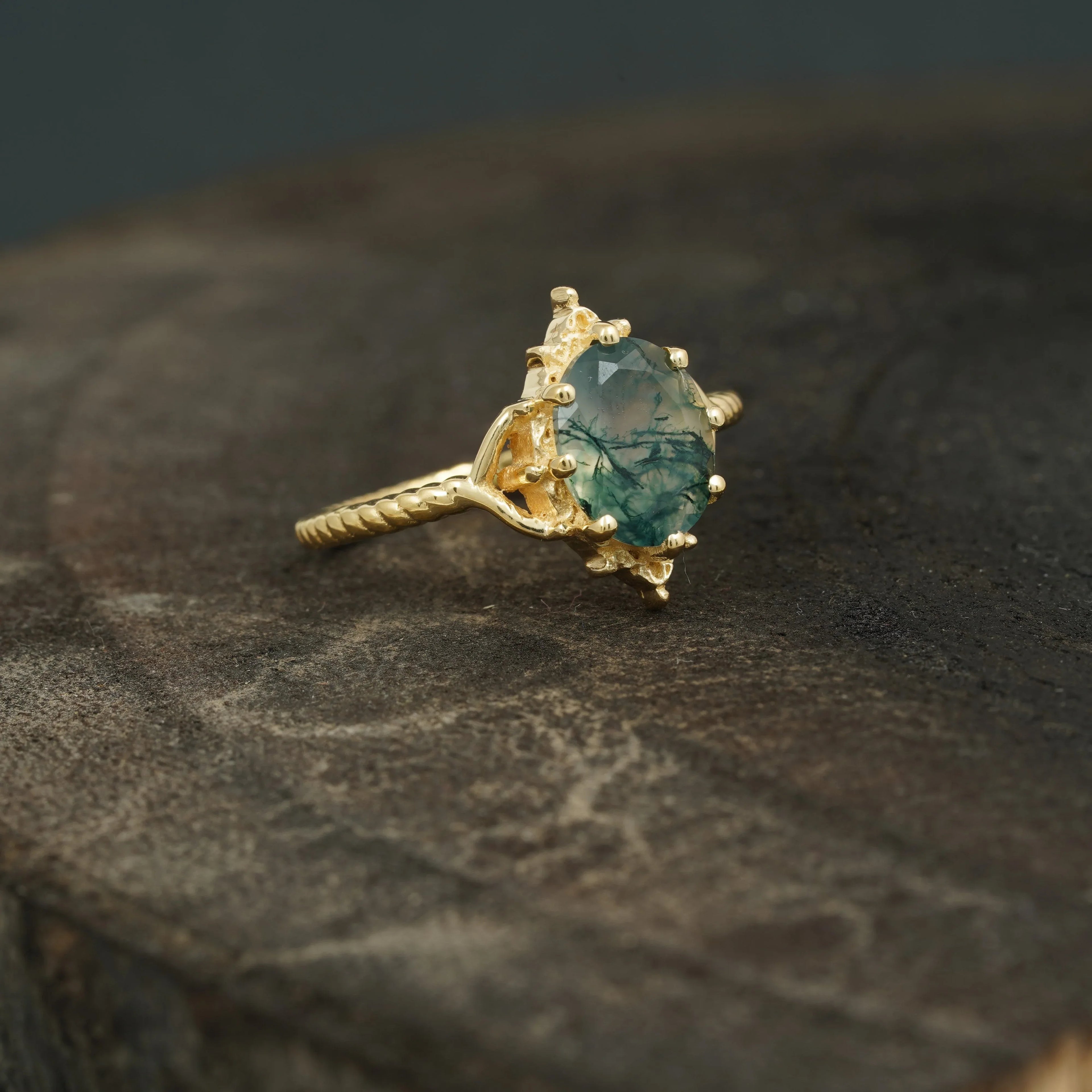 Vintage Oval Moss Agate 14k Gold Engagement Ring - Gigiscc