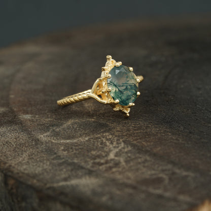 Vintage Oval Moss Agate 14k Gold Engagement Ring