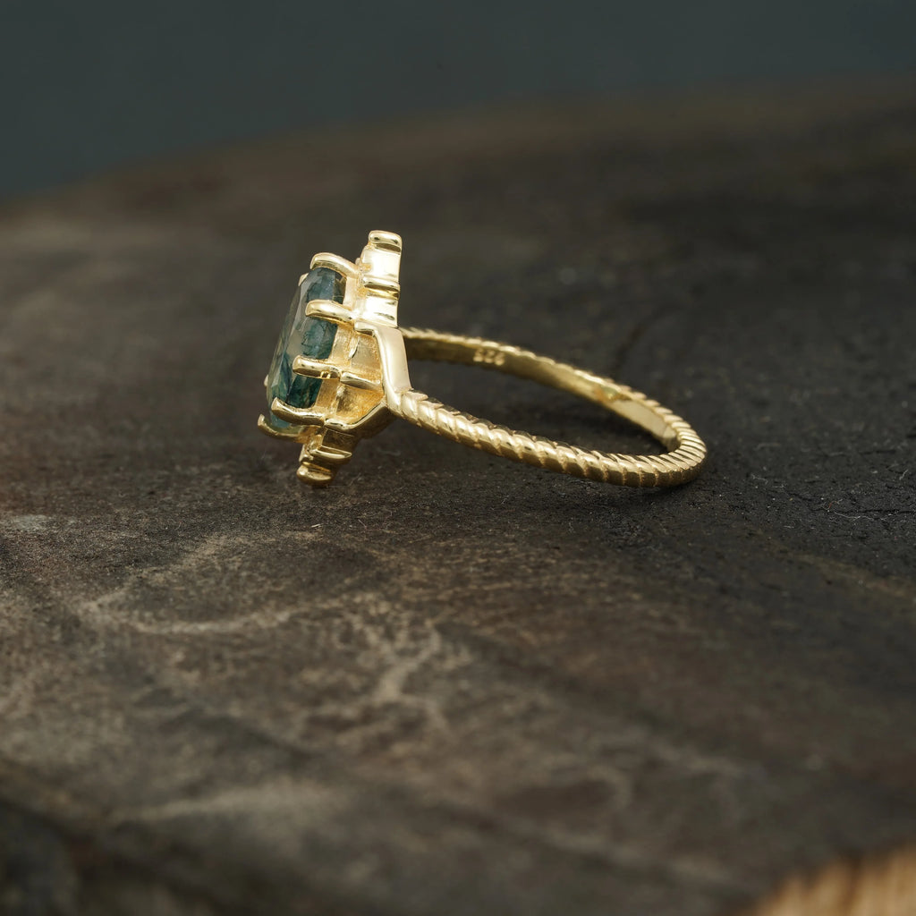Vintage Oval Moss Agate 14k Gold Engagement Ring - Gigiscc