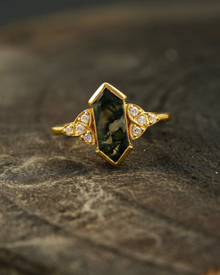 Moss Agate Hexagon Gold Engagement Ring