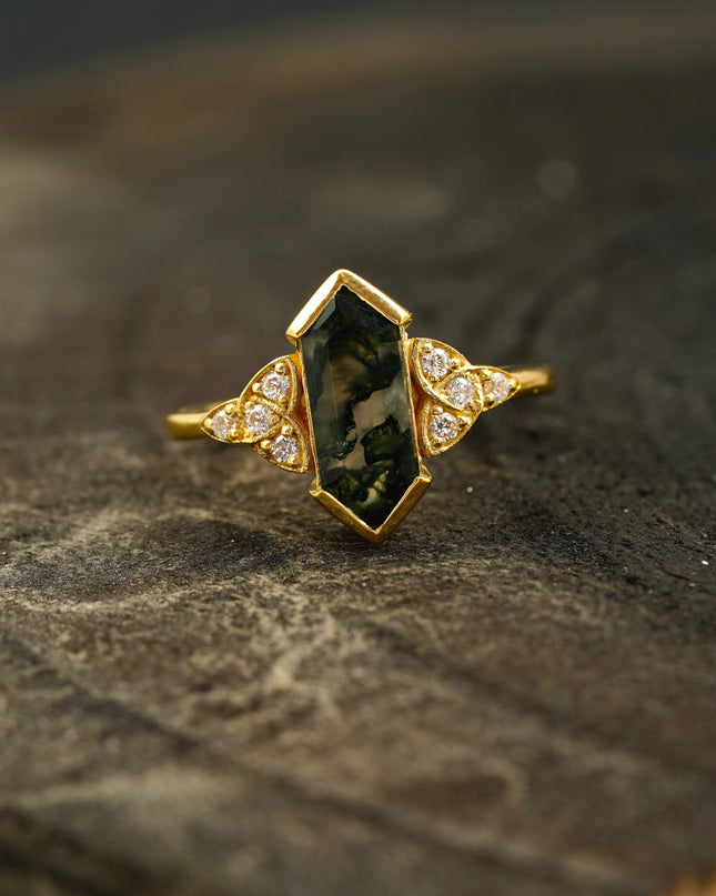 Moss Agate Hexagon Gold Engagement Ring