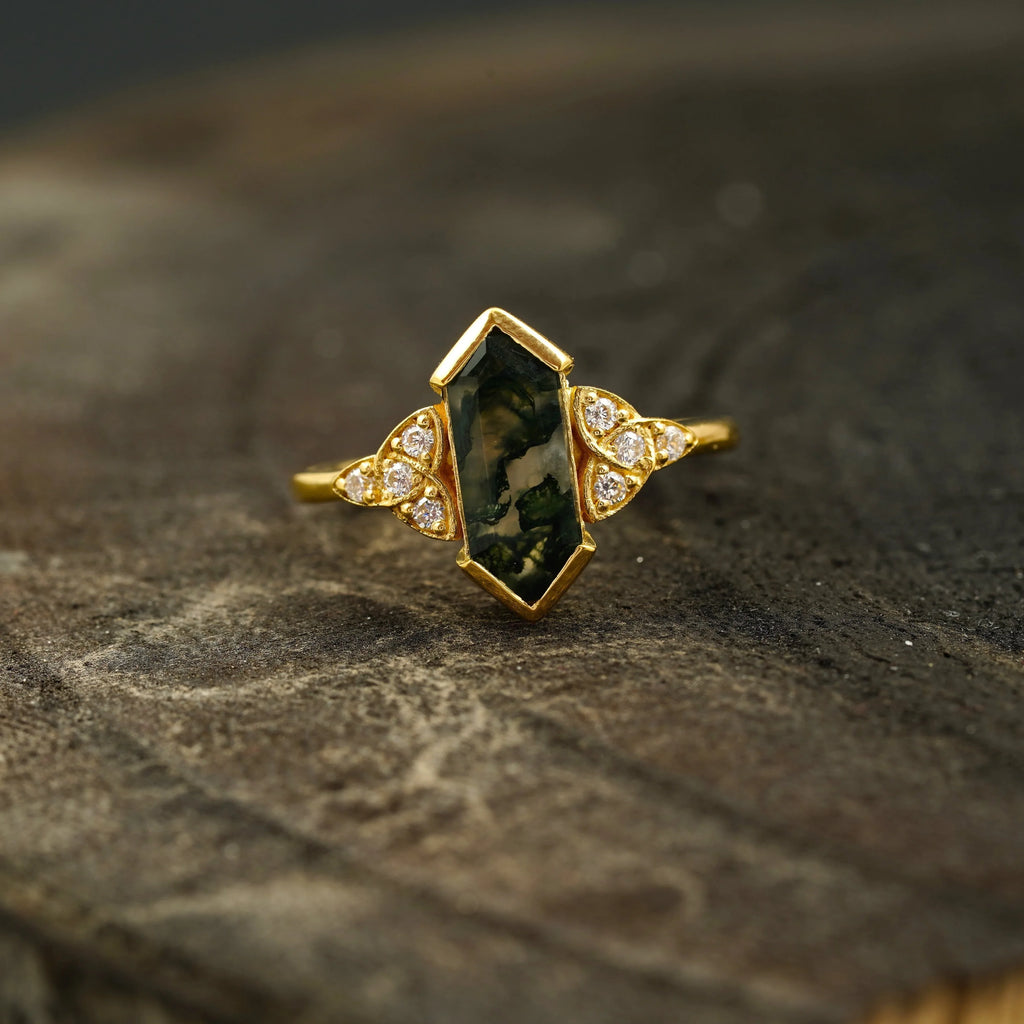 Moss Agate Hexagon Engagement Ring - Gigiscc