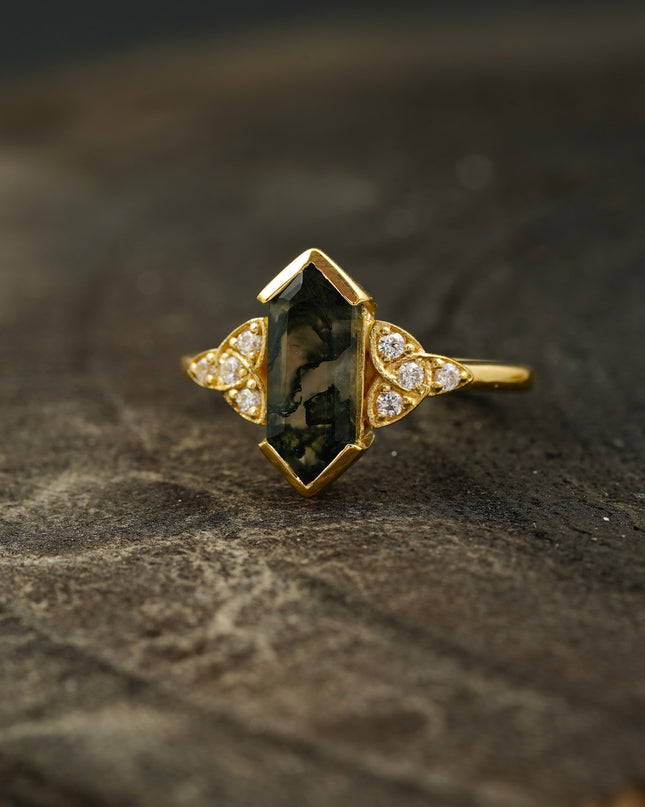 Moss Agate Hexagon Gold Engagement Ring Left Angle