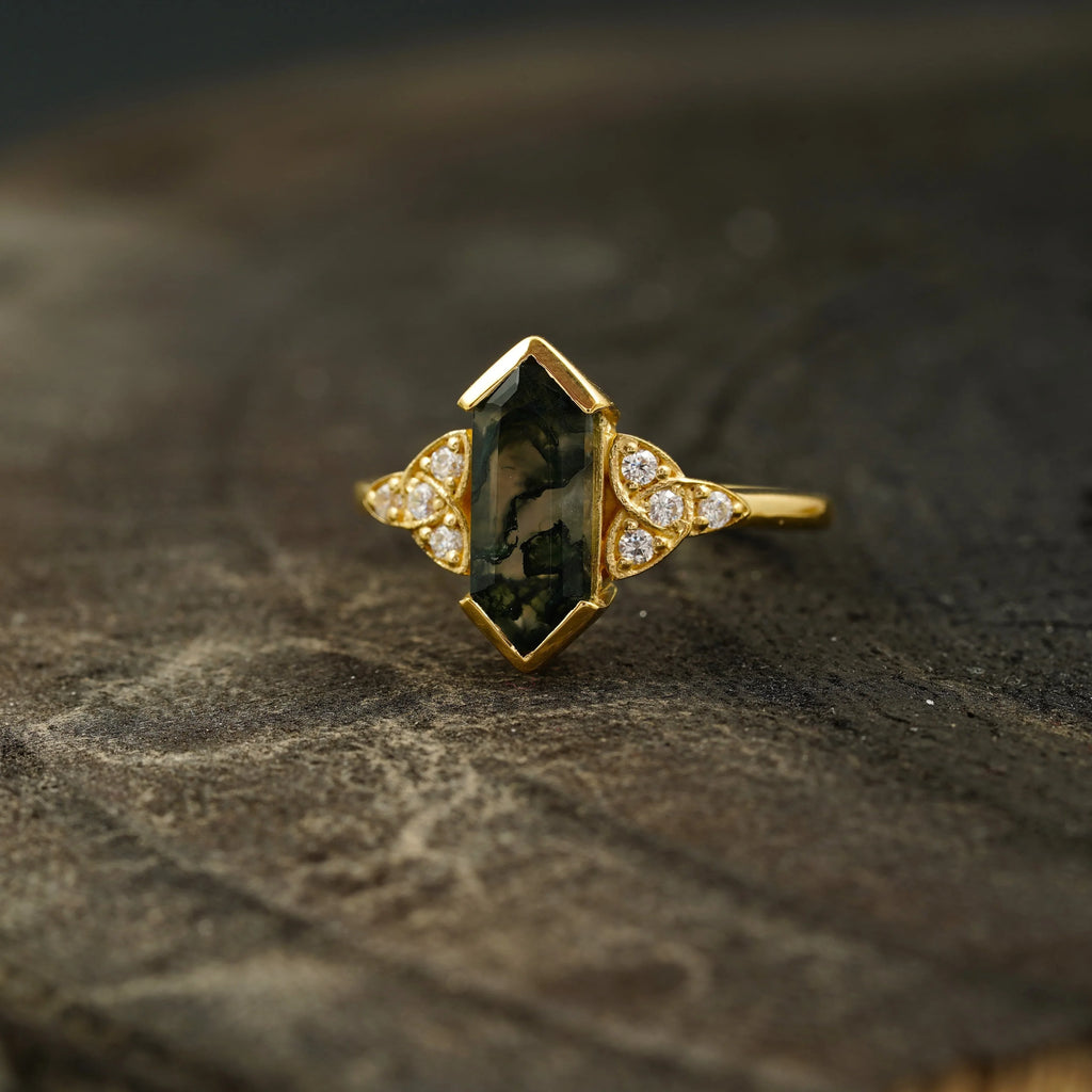 Moss Agate Hexagon Engagement Ring - Gigiscc