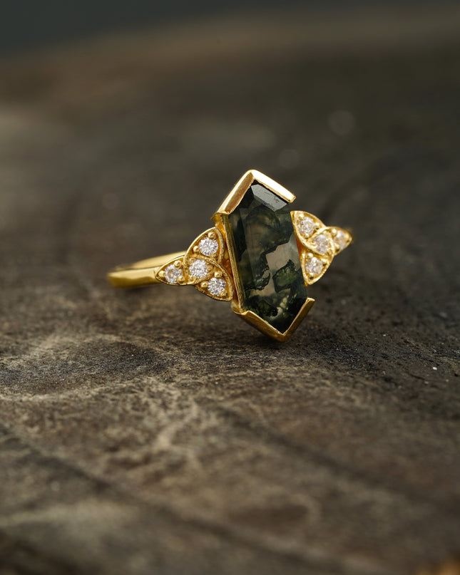 Moss Agate Hexagon Gold Engagement Ring Right Angle