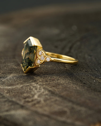 Moss Agate Hexagon Gold Engagement Ring Side Position
