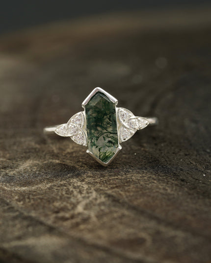 Moss Agate Hexagon Engagement Ring
