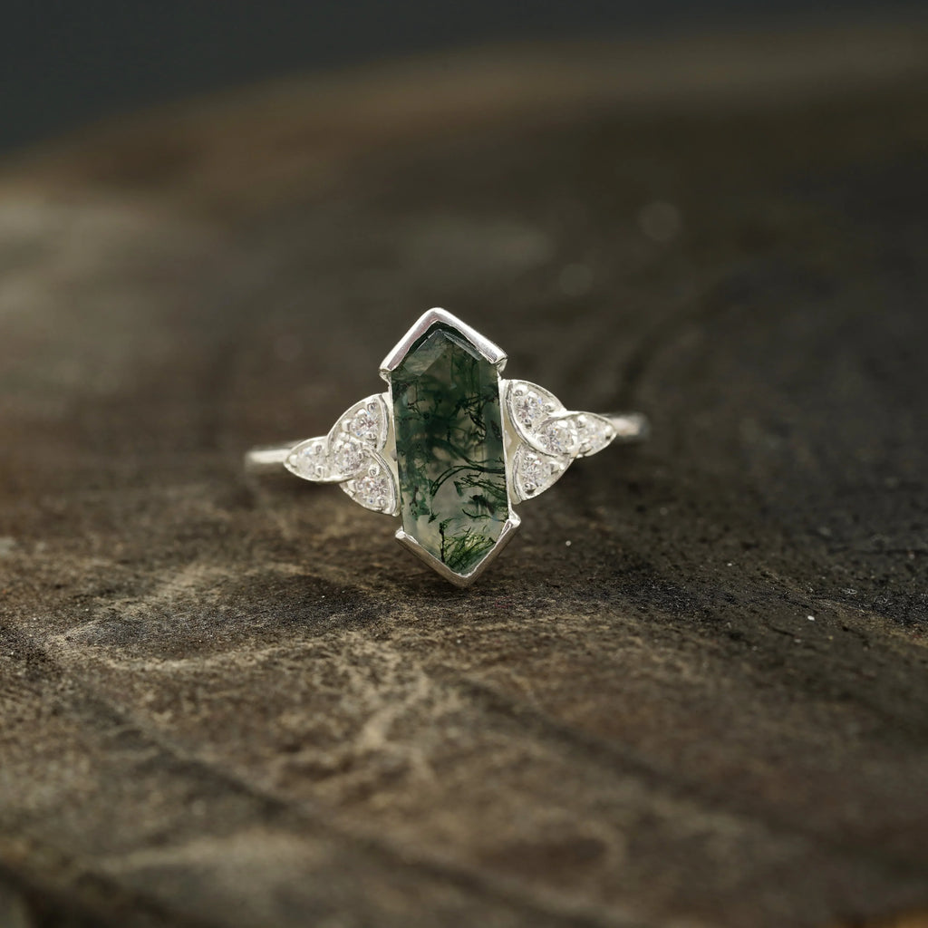 Moss Agate Hexagon Engagement Ring - Gigiscc