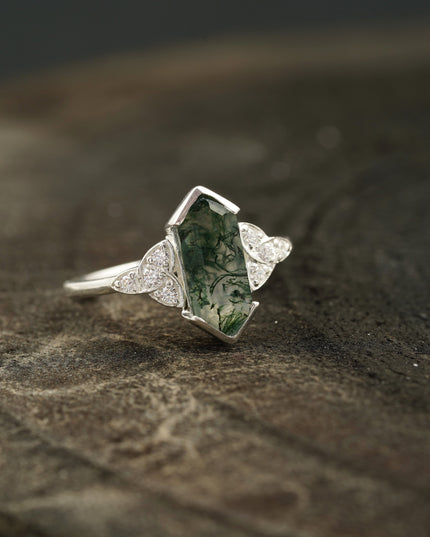Moss Agate Hexagon Engagement Ring Right Angle