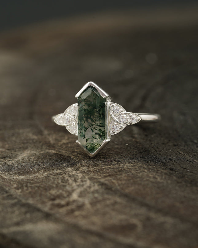 Moss Agate Hexagon Engagement Ring Left Angle