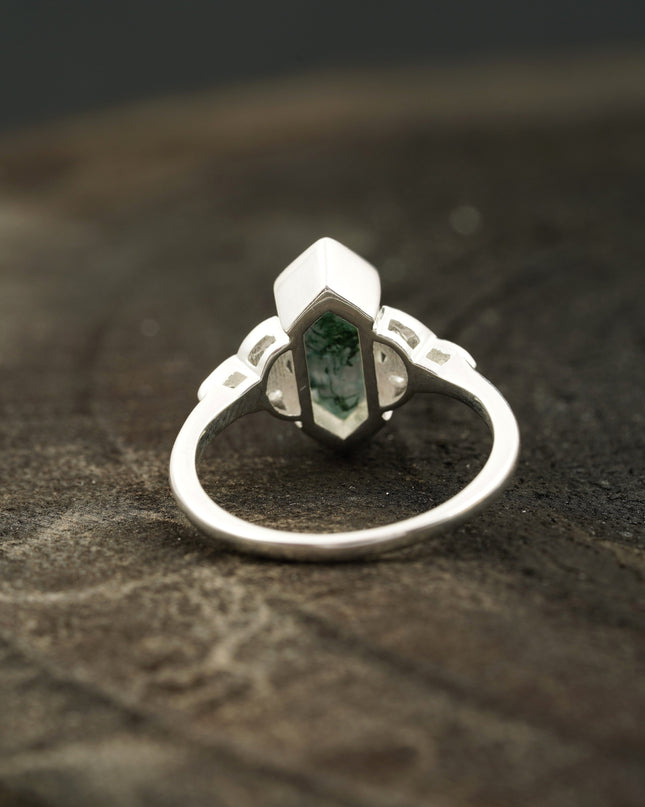 Moss Agate Hexagon Engagement Ring Back Side